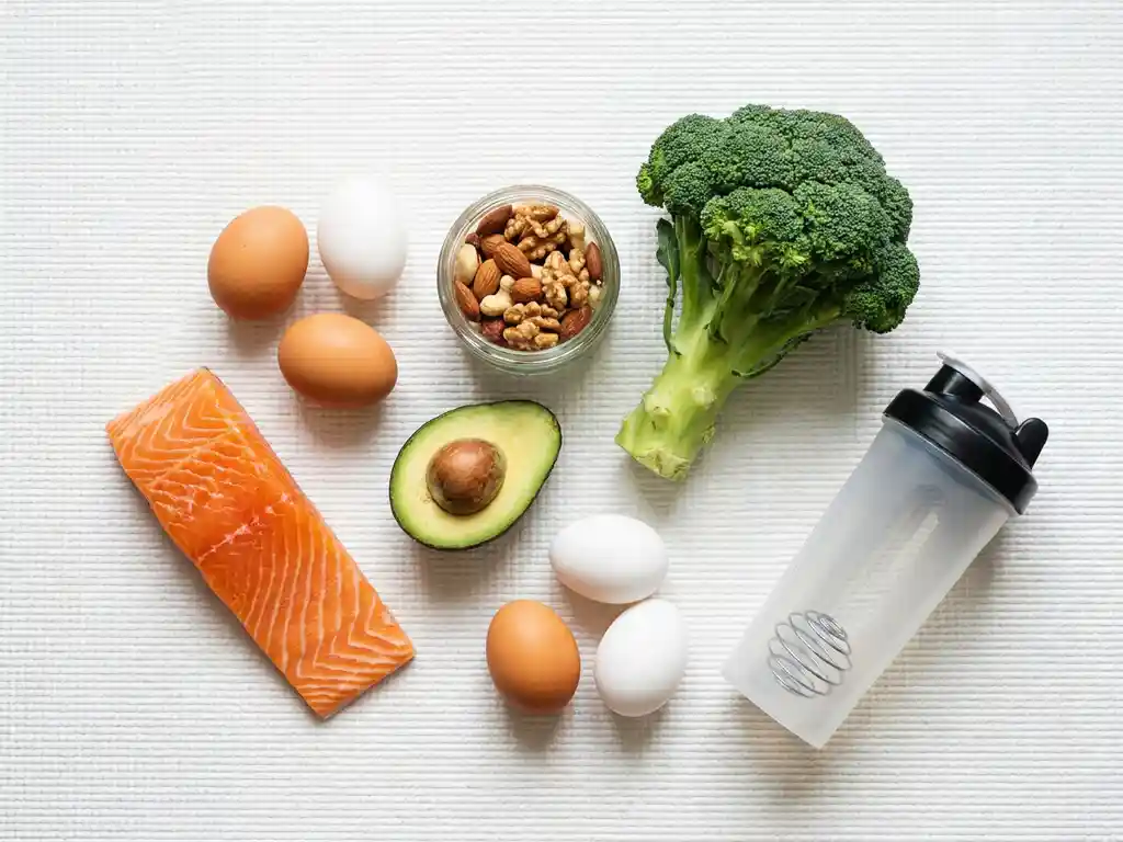 Kleurrijke flatlay van voedingsrijke producten: zalm, eieren, avocado, noten, broccoli en een eiwitshaker op wit gym-oppervlak.